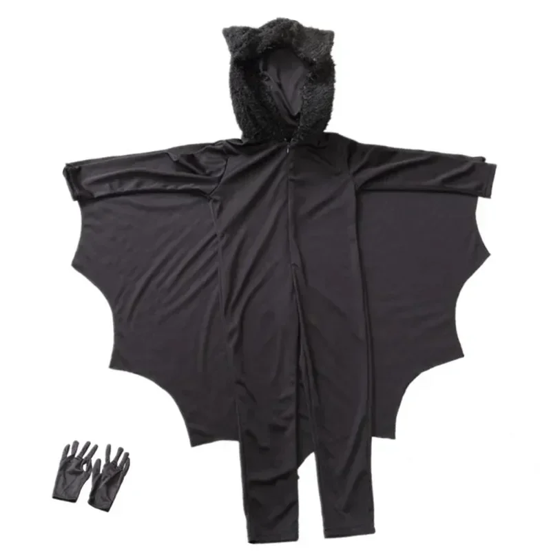 Bat Vampire Hooded Costume Halloween Anime Black Bat Deluxe Jumpsuit for Kids Games Cosplay Carnival Gloves Clothes