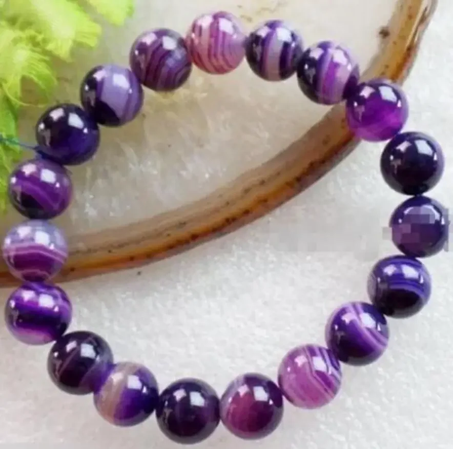 

new hot 10mm Natural Purple Striped Agate Round Gems Beads Stretch Bracelet 7.5"