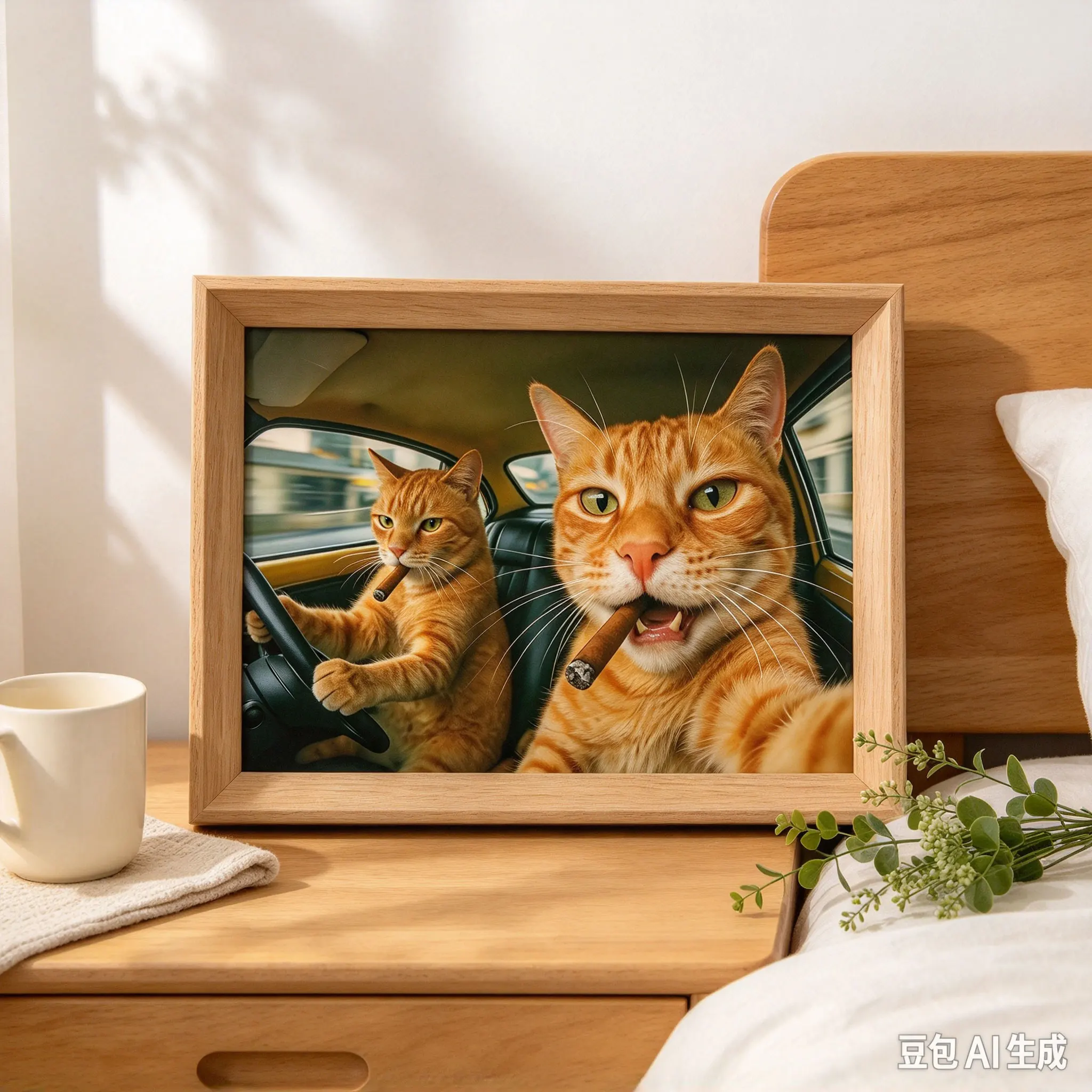 Funny Cat Driving Car Tabletop Picture Frame Cool Cat with Cigar Desktop Decor Photo Frame Home Gift Table Sign