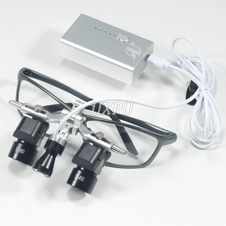 5X Dental 48 ° Ergo Loupes Working Distance 350-550mm Surgical Head Mounted Loupes, 5W LED Headlamp Adjustable PD Optical Loupes