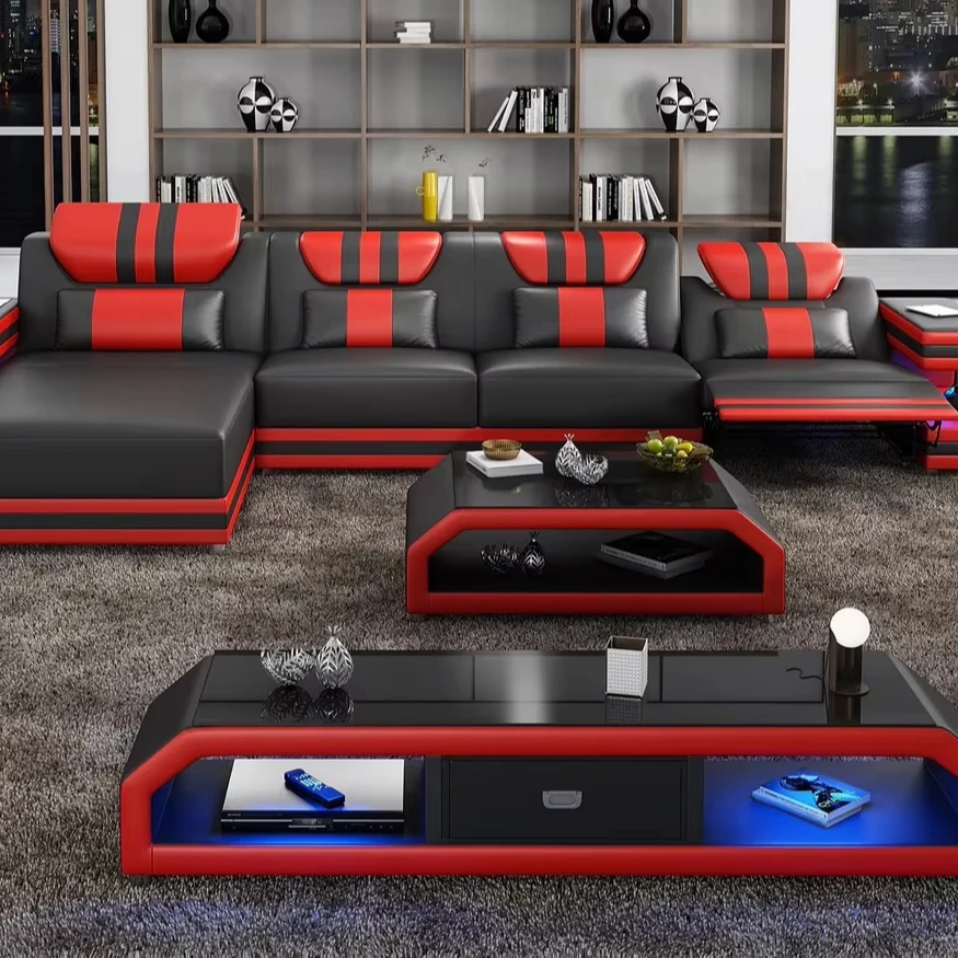 Living Room Furniture Leather Sofa Set L Shape Sectional Leather Corner Sofa With Led Light