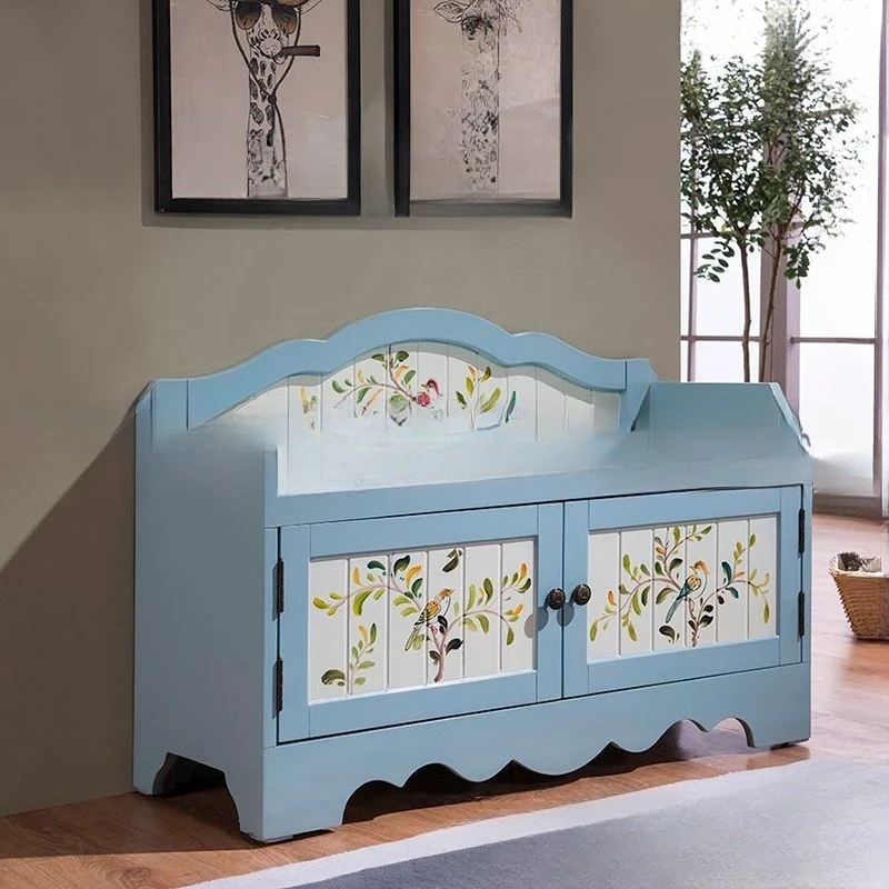 مقعد تغيير الأحذية، خزانة أحذية مدمجة جديدة منحوتة، مقعد تخزين عتيق لبحر الأبيض المتوسط، مقعد مطلي