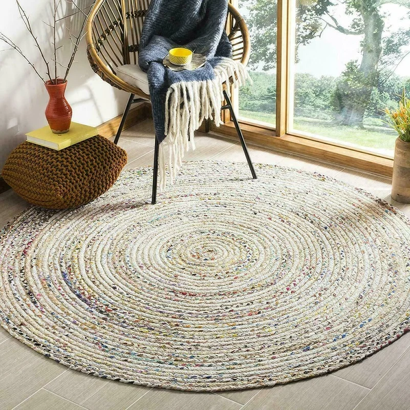 Rug Cotton Handmade Braided Style Round Rug Reversible Braided Modern Floor Mat Rugs for Bedroom