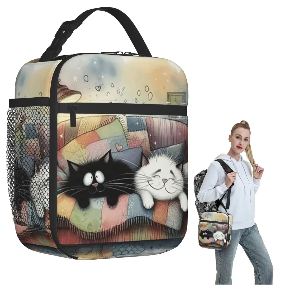 

Термосумка для обедов с рисунком мультяшного кота и цветным диваном, изолированная, для женщин и детей, герметичная, для еды, термосумка-тоут