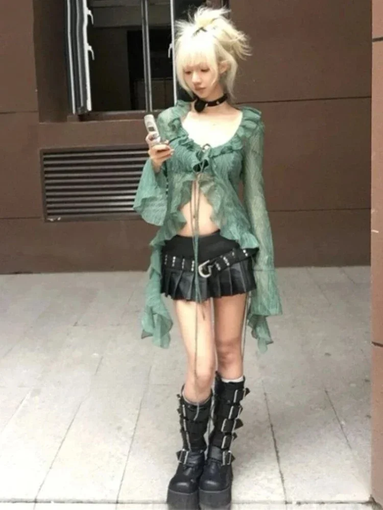 

Японская кружевная рубашка Y2k, винтажный стиль 2000-х, блузки с оборками, гранж-эстетика, нерегулярные зеленые рубашки, сексуальный кардиган в стиле ретро 90-х годов