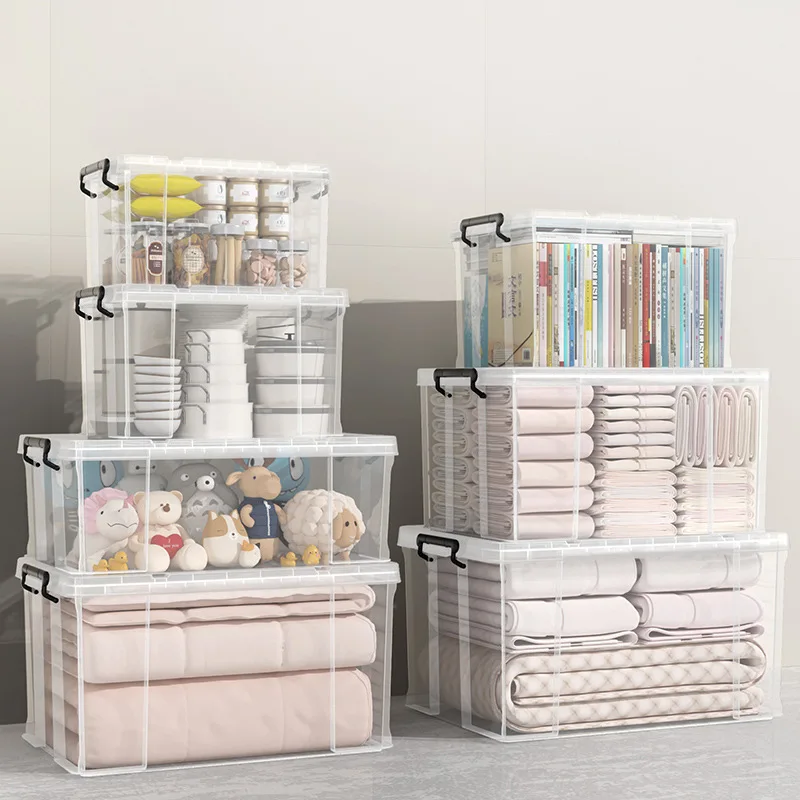 

Большой прозрачный пластиковый контейнер для хранения одежды с крышкой, утолщенный, для домашнего использования, для организации хранения вещей