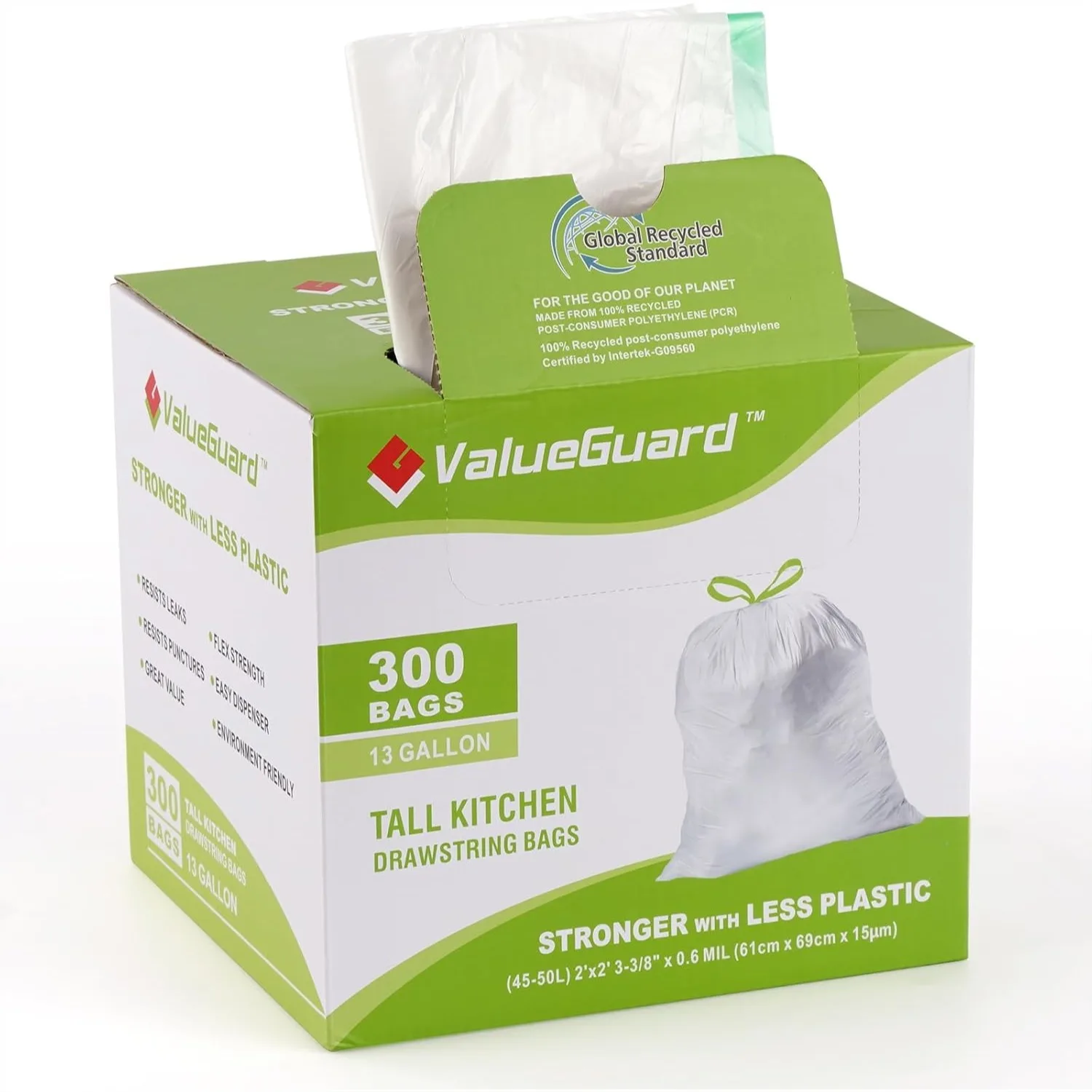 

13 Gallon Tall Drawstring Trash Bags - 100% Recycled, 0.6 Mil Thick for Kitchen & Office (300 Count)
