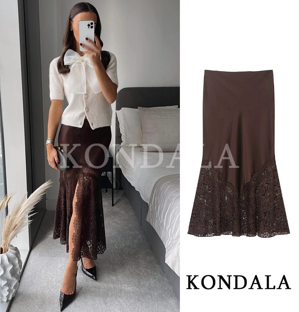 KONDALA Elegant Chic Lace Hem Satin Skirts Women High Street Holidays Midi Skirts 2026 Spring Fashion Trendy Lady Slim Skirts