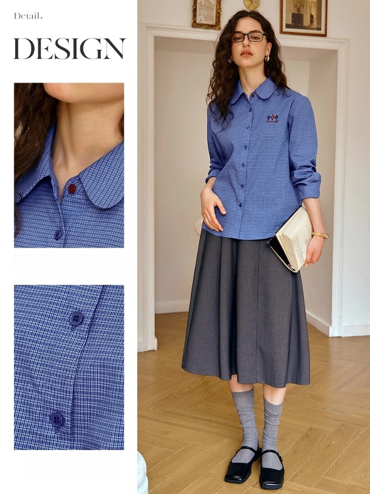 OLrain เสื้อเชิ้ตลายสก๊อตผู้หญิง 2025 ฤดูใบไม้ร่วงเย็บปักถักร้อยแขนยาวรอบคอเสื้อผ้าฝ้ายเสื้อกระดุมแถวเดียว O57QC001285