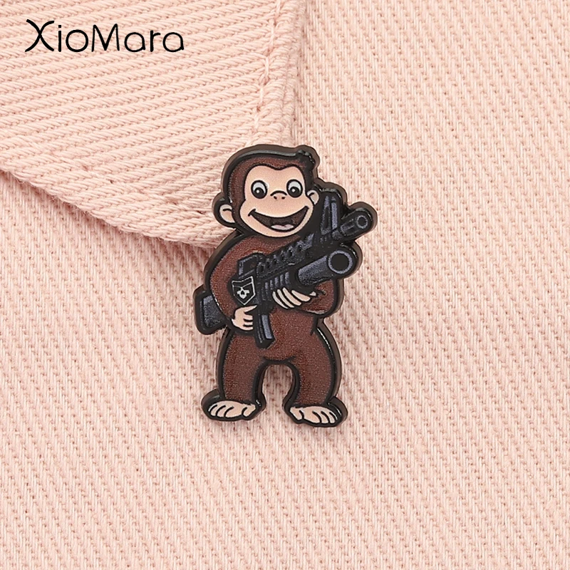 

Funny Monkey with Gun Enamel Pin Cute Animal Metal Brooch Lapel Backpack Badge Fashion Jewelry Accessories Gift for Friends