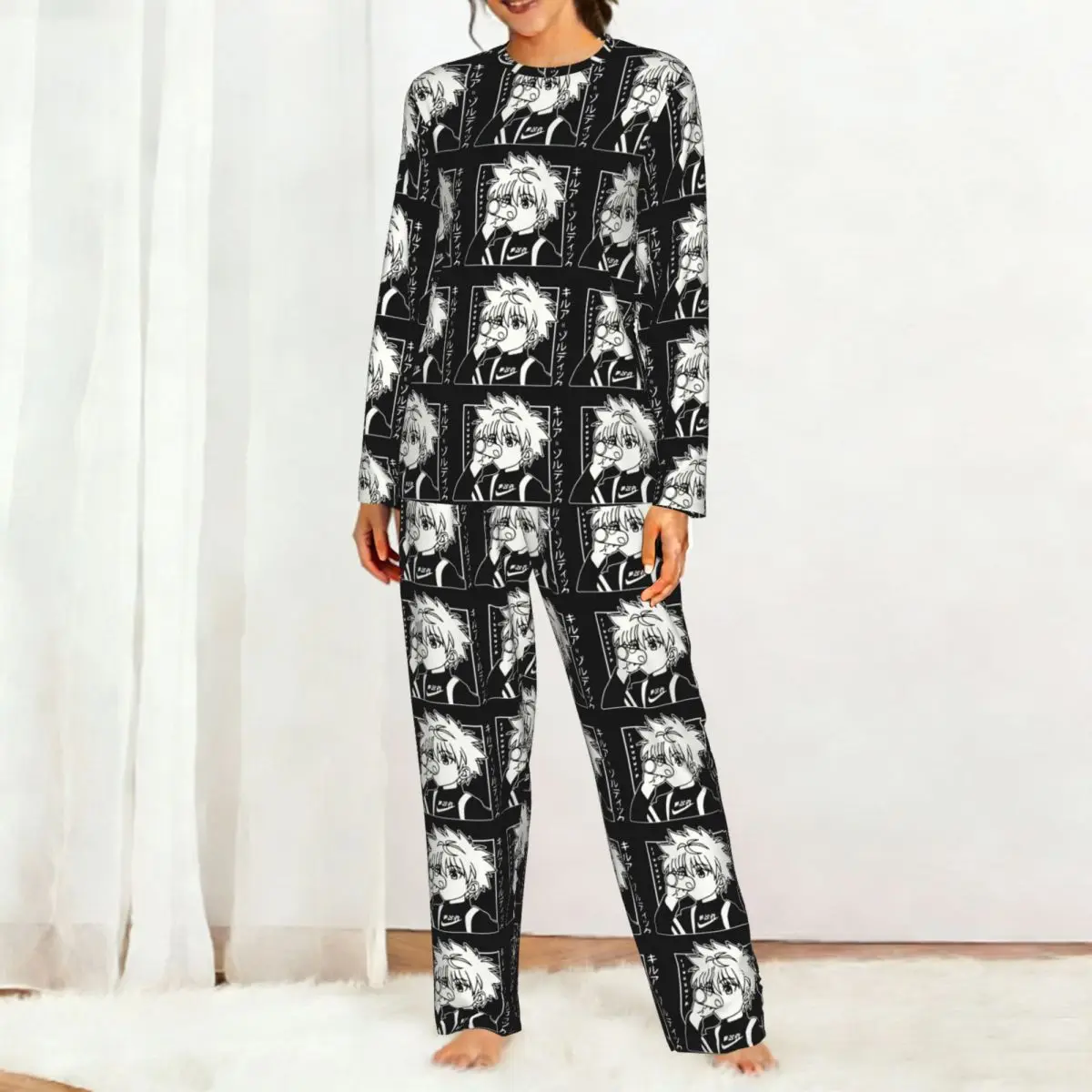 Killua Zoldyck Anime Hunter X Hunter Round Neck Long Sleeve Nightgowns for Sleeping Sleepshirts Women Loose Pajama Set Long Pant