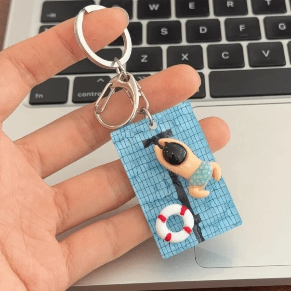 Fashion Acrylic Pool Floating Board Keychain Alloy Blue Yellow Swimming Figure Pendant Creative Decorative Bag Charm Beach