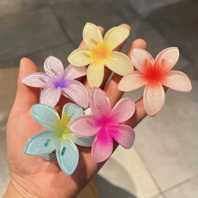 1pc Plumeria Hair Clips Flower Duckbill Hairpins Summer Hawaiian Style Hair Clip Barrettes Trendy Gradient Color Headwear