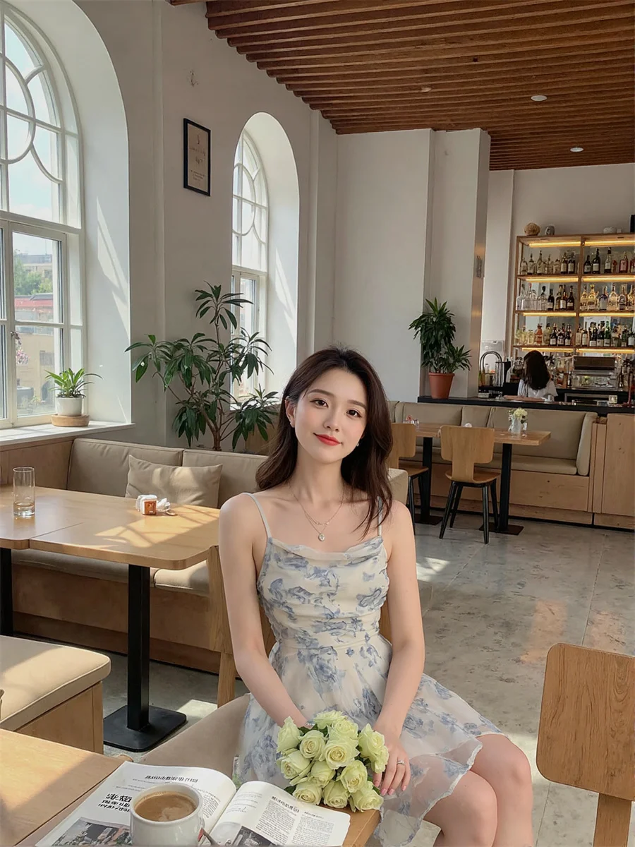 Floral mini chiffon céu azul vestidos feminino bolo plissado cordão em camadas artístico único moderno feminino chique applique retalhos