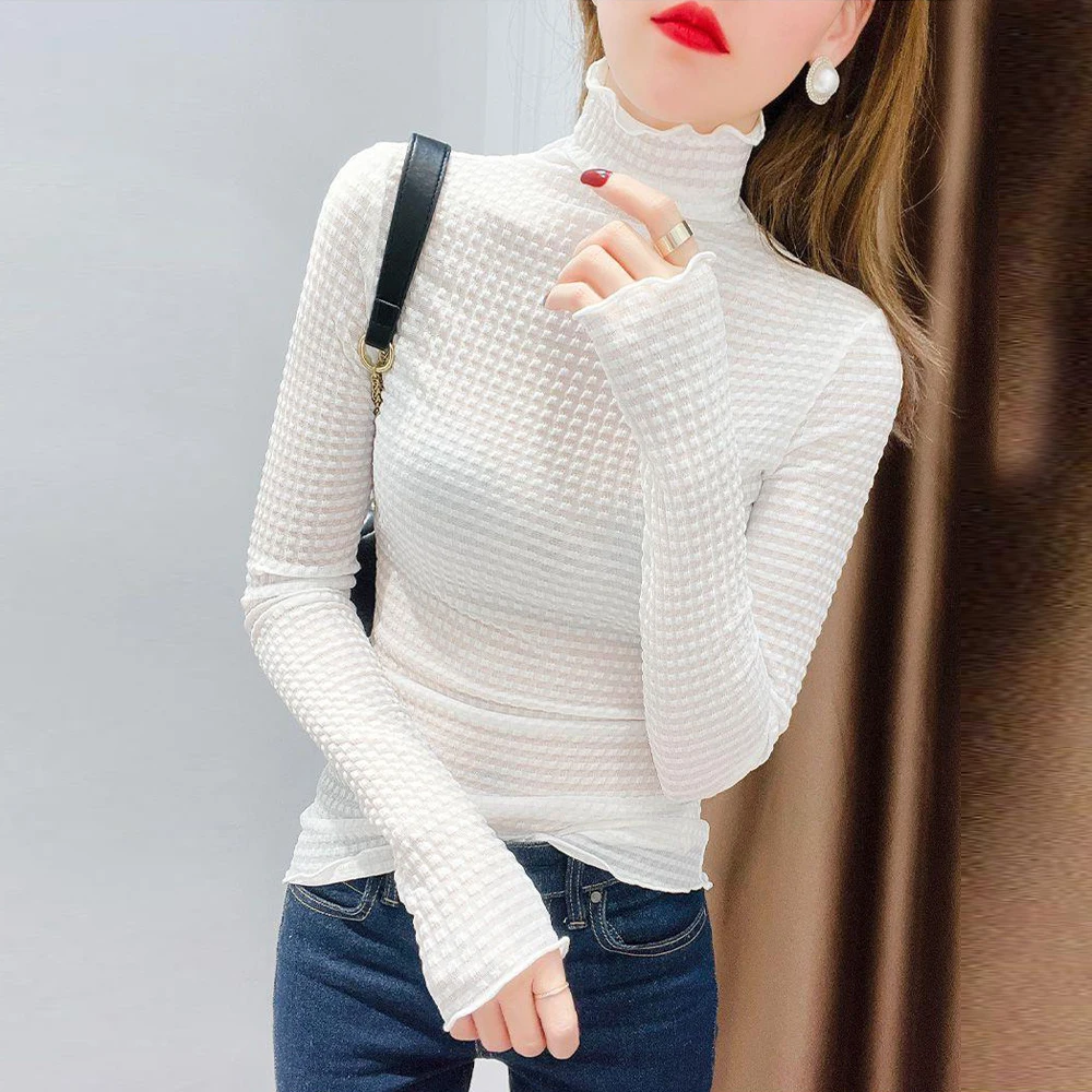 

Check Bubble Fashion Knit T-Shirt Women Lace Blouse Elegant Versatile T Shirt Ladies Retro Long Sleeve Tee Bottoming Shirt S-2XL