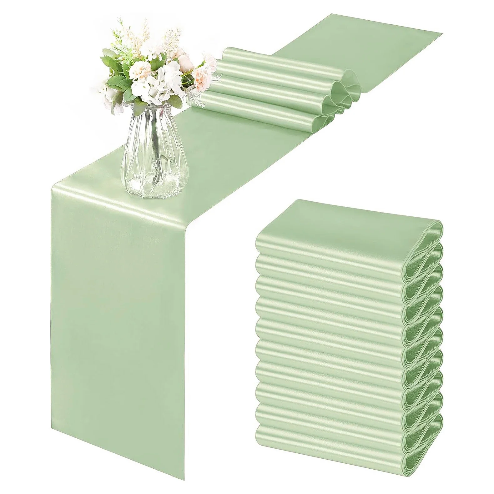 10PCS 30X 275cm Sage Green Wedding Satin Table Runner Party Supply Christmas Home Dining Luxury Table Decoration 12