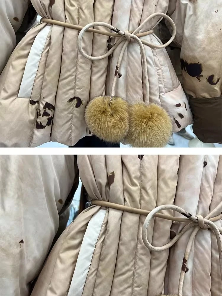 เสื้อแจ็คเก็ตดาวน์วินเทจตัดกัน แต่งลูกไม้ช่วงเอว ความยาวปานกลาง สไตล์พาร์คเกอร์สำหรับผู้หญิง แต่งขนจิ้งจอกที่คอ เย็บด้วยขนเป็ดขาว