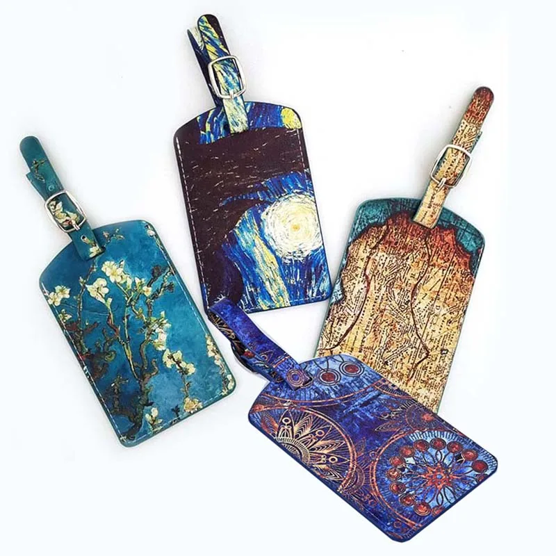 Fahion Art Painting PU Leather Luggage Tag Label Bag Lover Couples Handbag Portable Travel Accessories Name ID Address Tags