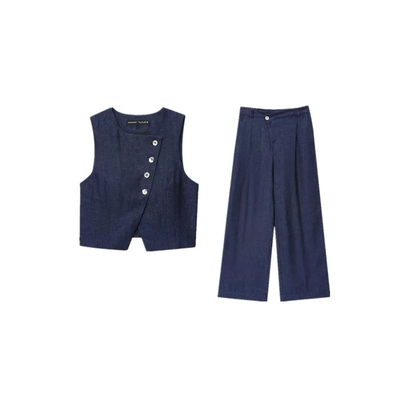 Neuankömmling Herbst 2025, Damen Faion Leinen Zweireiher Svel Round Ne Weste Tank Top Round Ne Button Sle