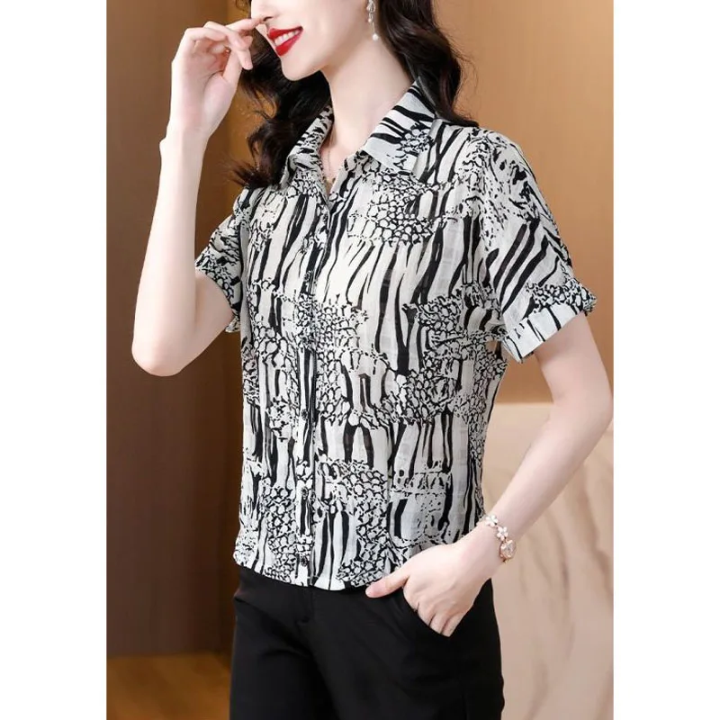 2024 Summer New Women\'s Blouse Polo-Neck Button Printed Ventilate Fashion Elegant Loose Commute Shirt Short Sleeve Casual Tops