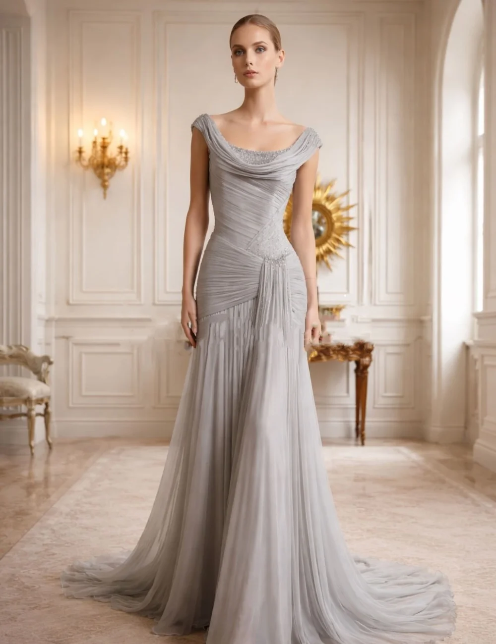 Customized Gray Intricate Fashion Chiffon Pleat Ruched Draped Beading Sequined Mermaid Off-the-shoulder Floor-Length