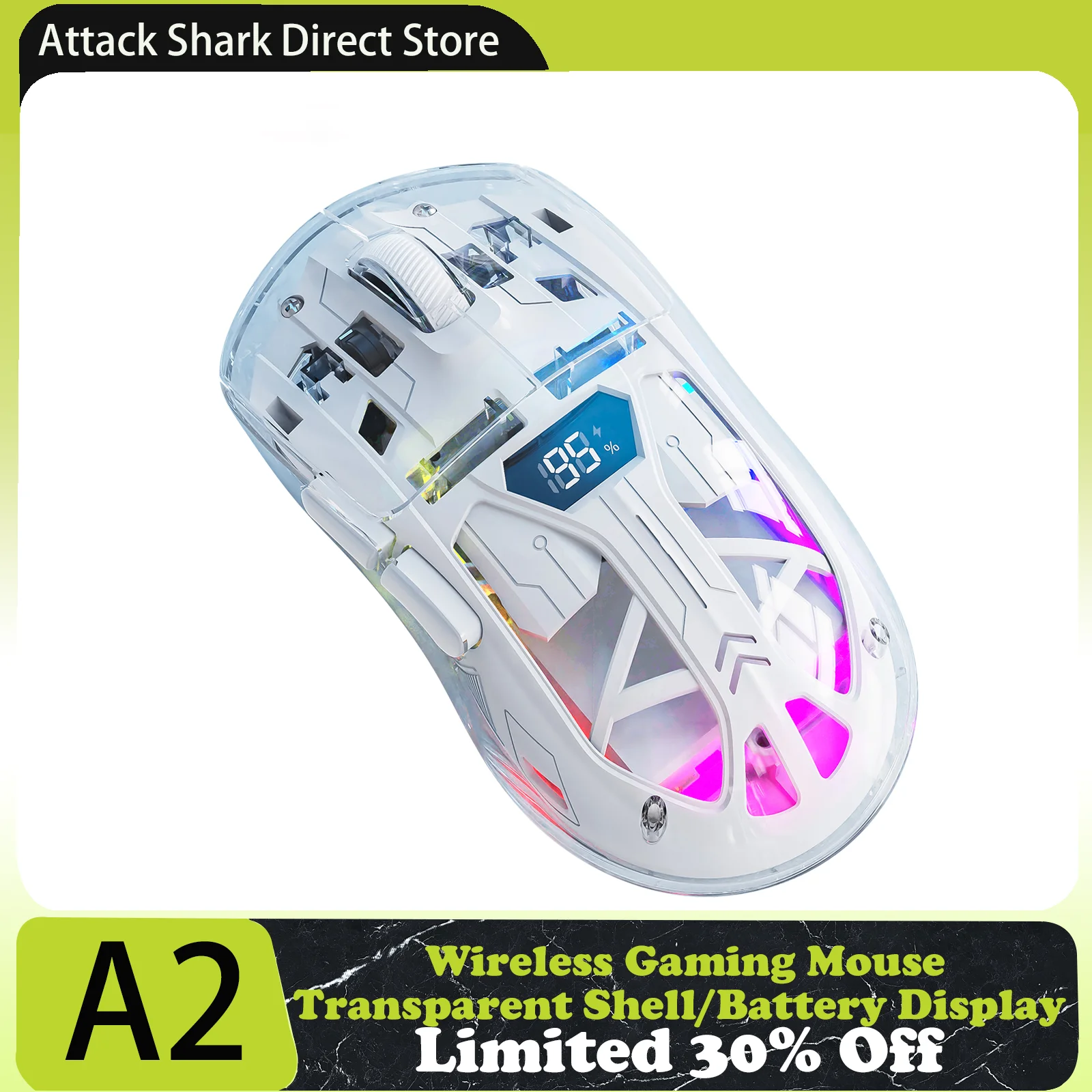 Mouse Gamer FreeWolf A2 RGB, Sensor PAW 3212 transparente, com display de bateria, 2,4 Ghz/Bluetooth, sensor PixArt PAW3212, free wolf
