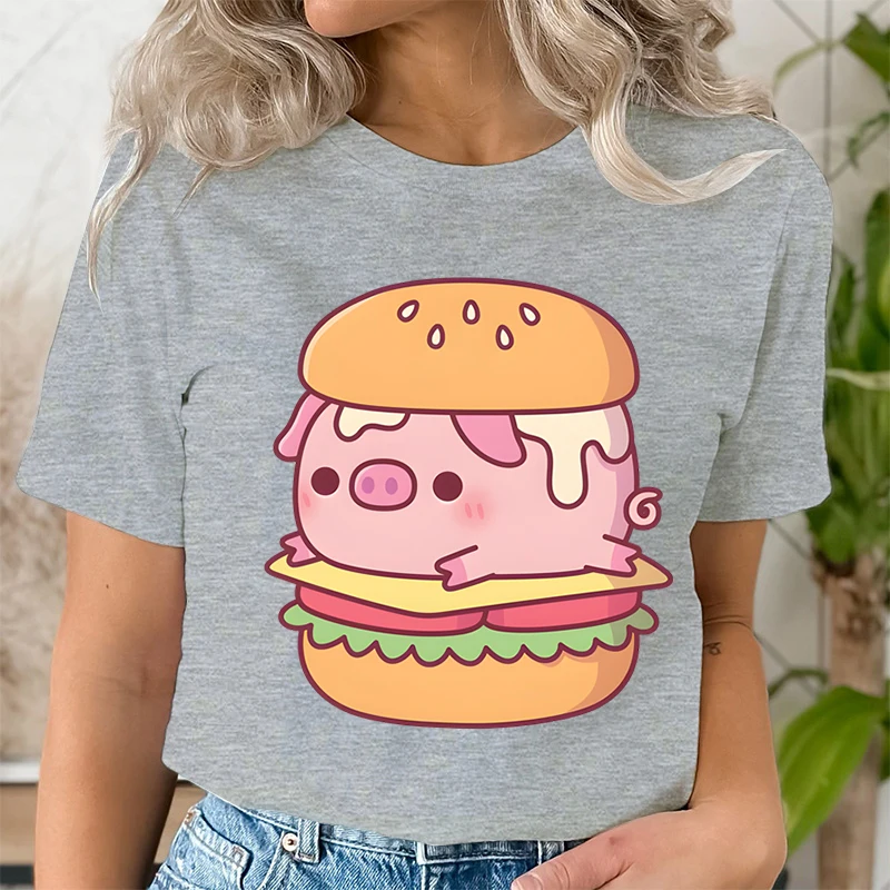 Harajuku Fashion T-shirts Aesthetic for Women Trend Casual Tee Clothes Female Clothing Funny Burger Pig Animal Print Tee Shirt