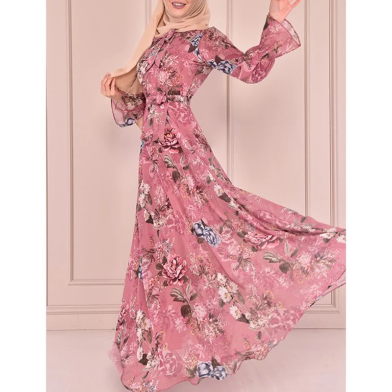 Muslim Africa Dresses For Women 2022 Bow Collar Abayas Floral Printed Micro Flare Sleeve Boho Long Robe Chiffon Temperament