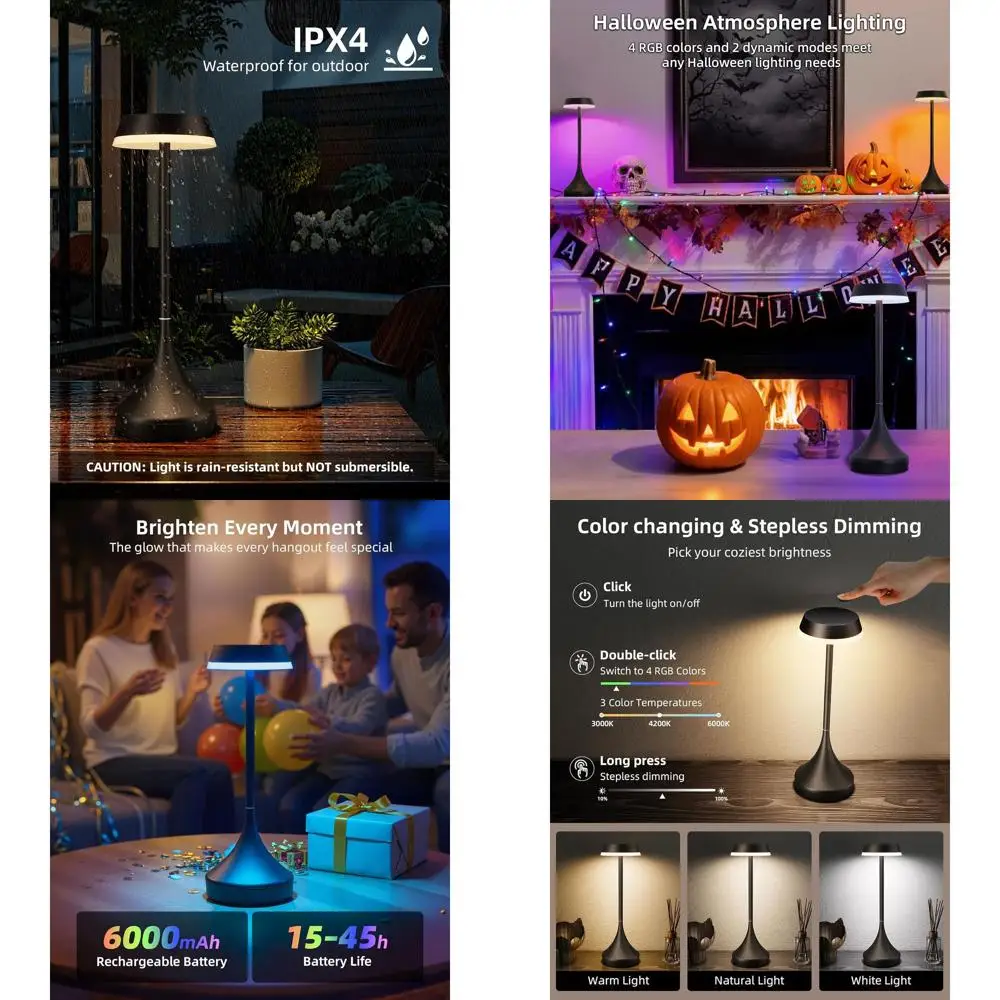 

Портативная перезаряжаемая светодиодная настольная лампа с сенсорным управлением, 3 температуры, RGB, аккумулятор 6000 мАч, водонепроницаемая для улицы, с регулируемой яркостью, развлечение памяти