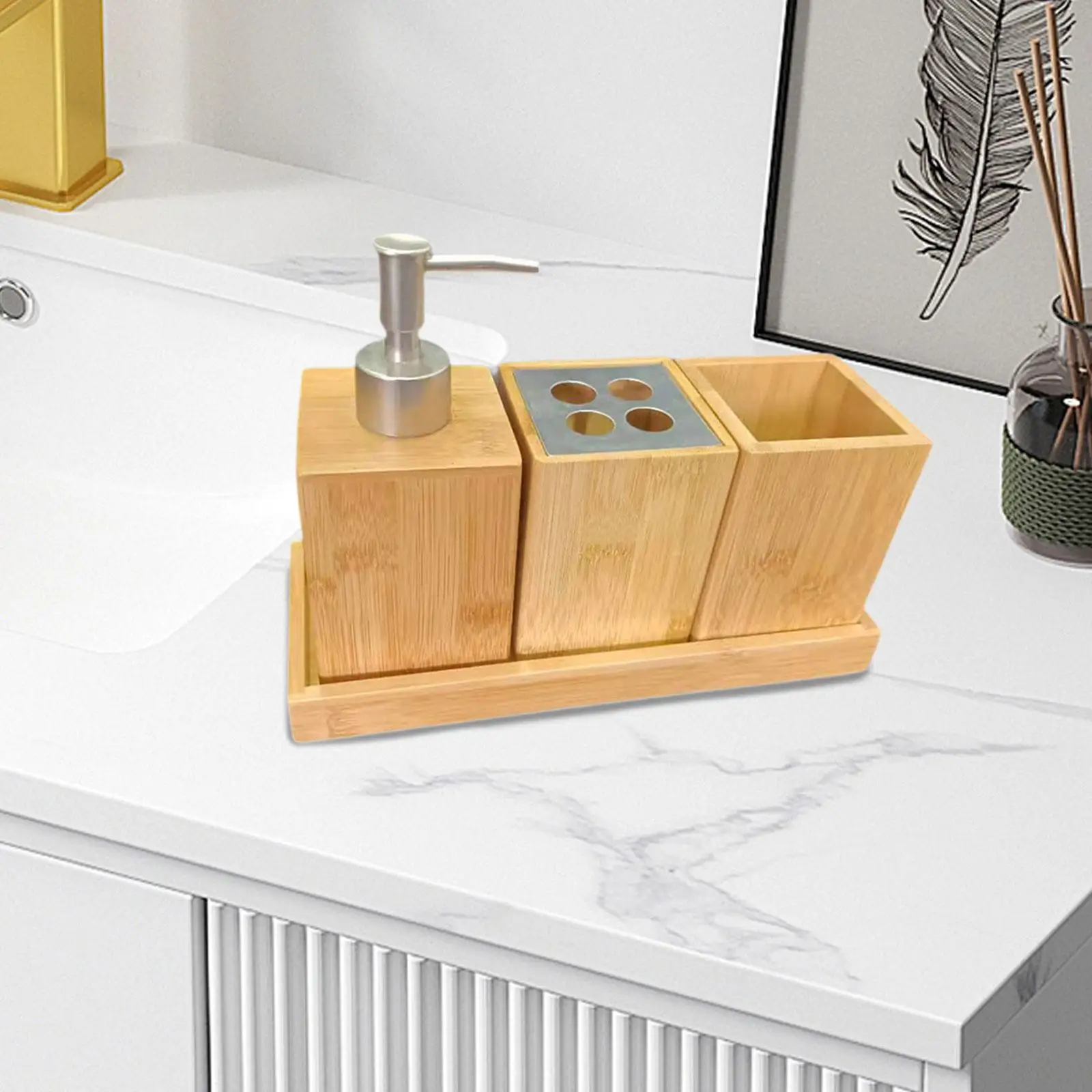4x Bathroom Accessories Set Bamboo Organizer Toothbrush Holder Tray Mouthwash Cup for Vanity Bathroom Countertop Household Hotel