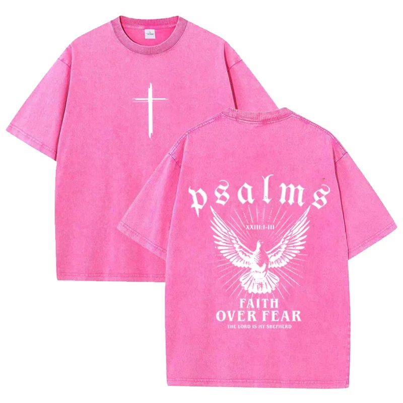 Retro Faith Over Fear T Shirt Psalms Dove Print Casual Washed Religious Streetwear