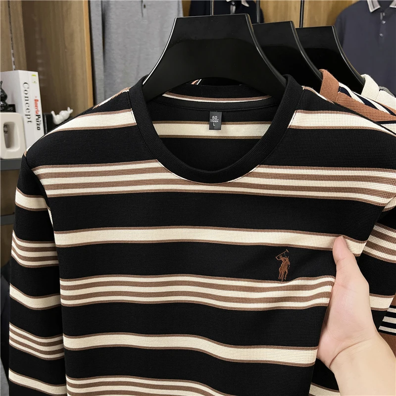 

2025 Spring and Autumn New Men's Long Sleeve T-shirt Trendy Brand Striped T-shirt Hoodie with American Bottom Coat