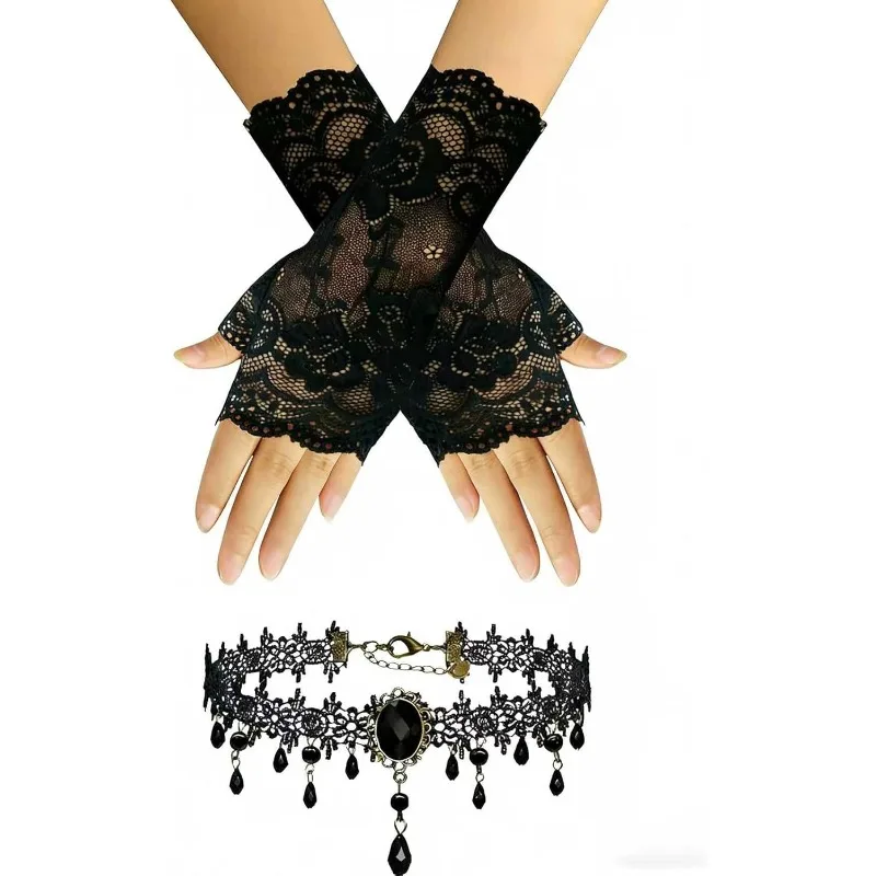 

Women's Goth Accessories Set-Black Lace Fingerless Gloves and Velvet Choker Necklace for Halloween,1920s Party&Gothic Cosplay