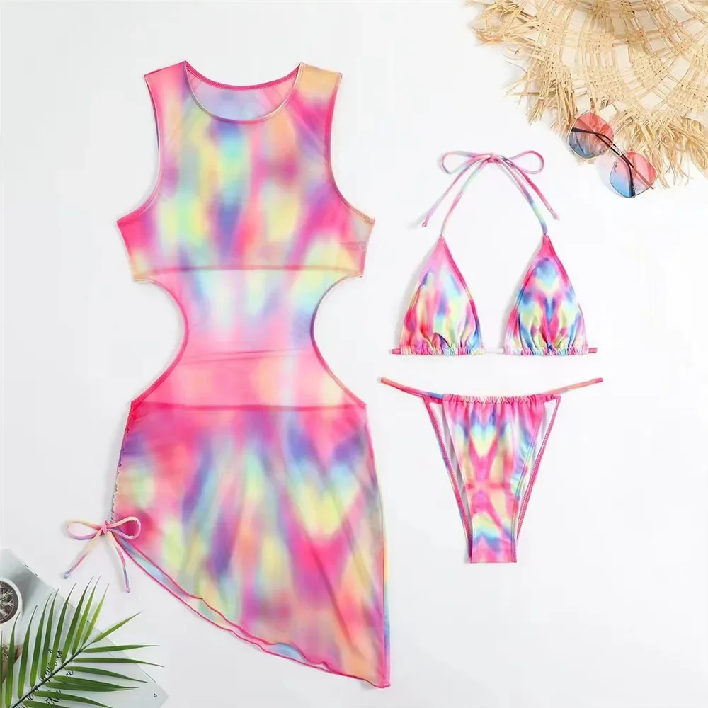 

Color Tie Dye Print Mesh Dresses Swimwear 3 Piece Bikinis Sets Sexy Swimsuit Women Beachwear String Halter Triangle Bikini Mujer