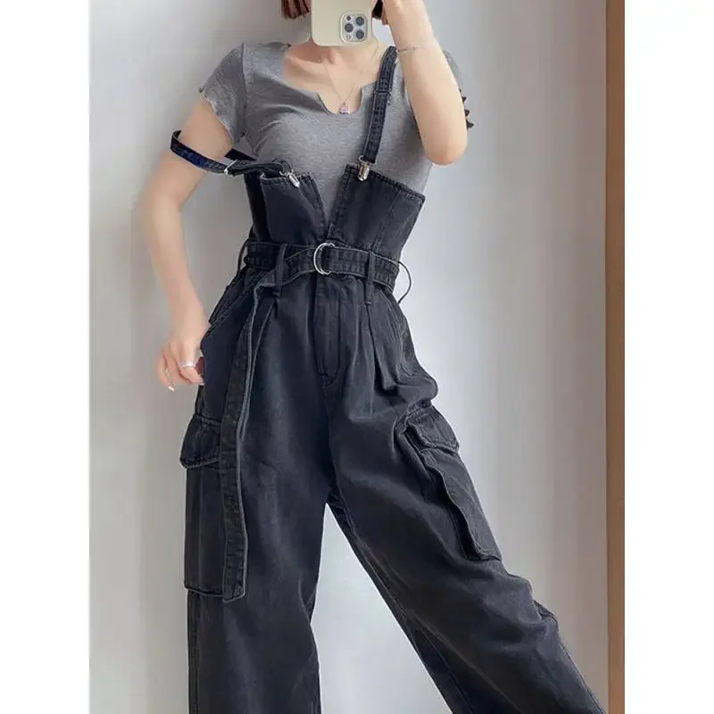 

Denim Jumpsuits Women High Waisted Cargo Trousers American Streetwear Teens Personal Hipsters Pure Big Pockets Washed Clothes