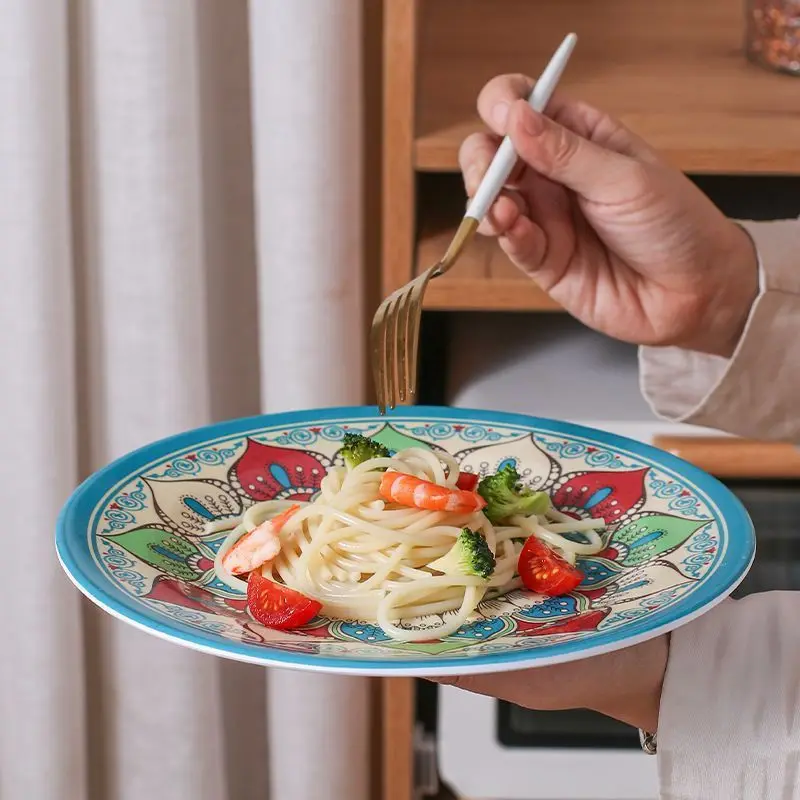 Plato de resina de melamina para restaurante étnico, plato redondo de Hotel, platos grandes, plato de pollo, bandejas de vajilla Pastoral destacadas, 4 platos