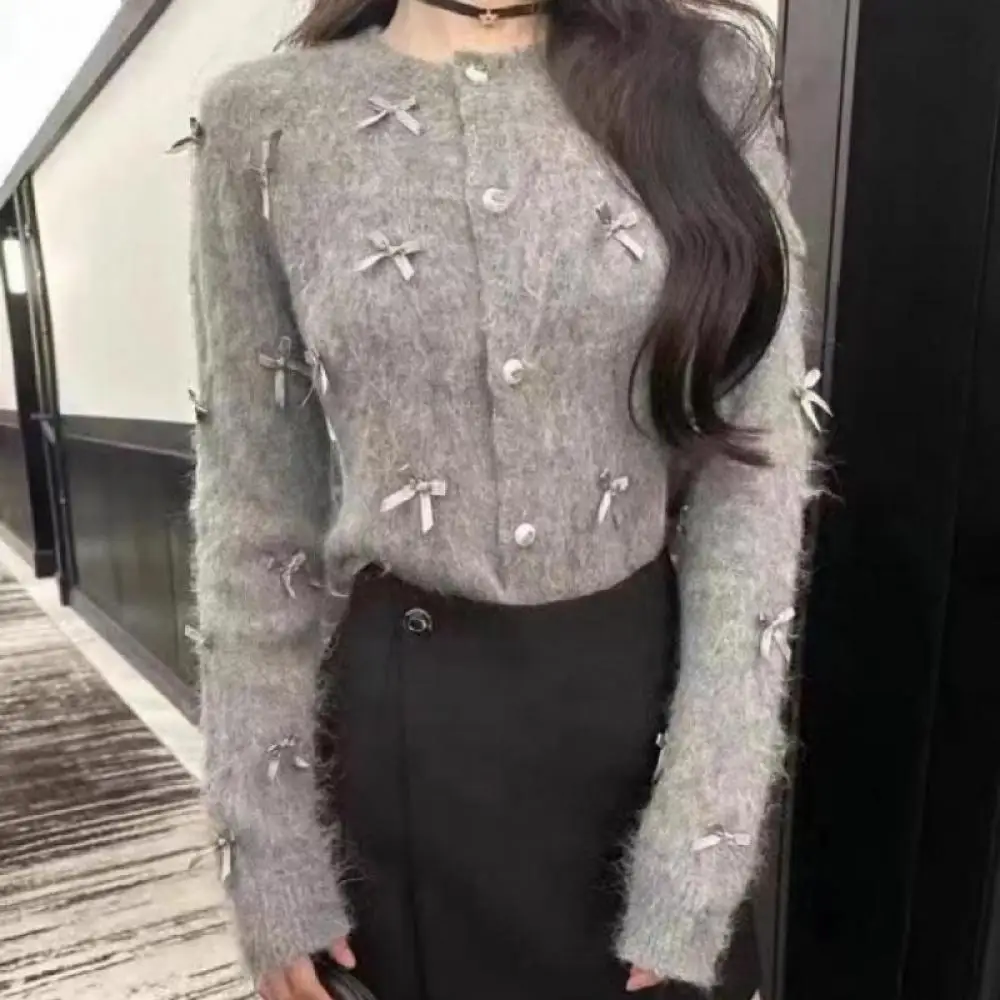 Korean Women 3D Bow Decoration Mohair Cardigans Grey White Sweater New Elegant Knitwear Tops 2023 Winter Fashion Clothes