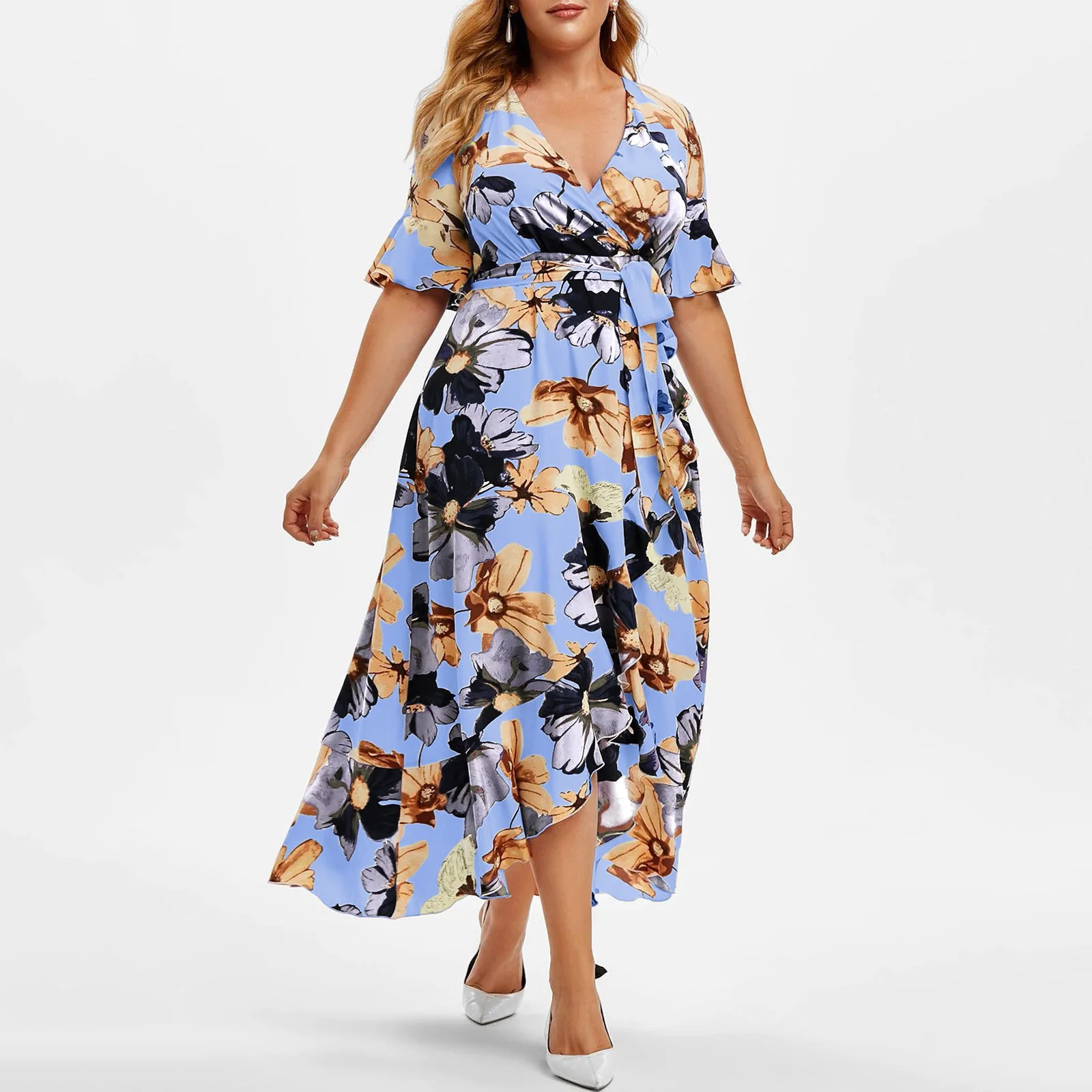 2024 summer Plus-size Casual Boho Dress Irregular Slit Short Sleeves Waisted Slim Long Dresses Women Clothing Streetwear 4XL 3XL