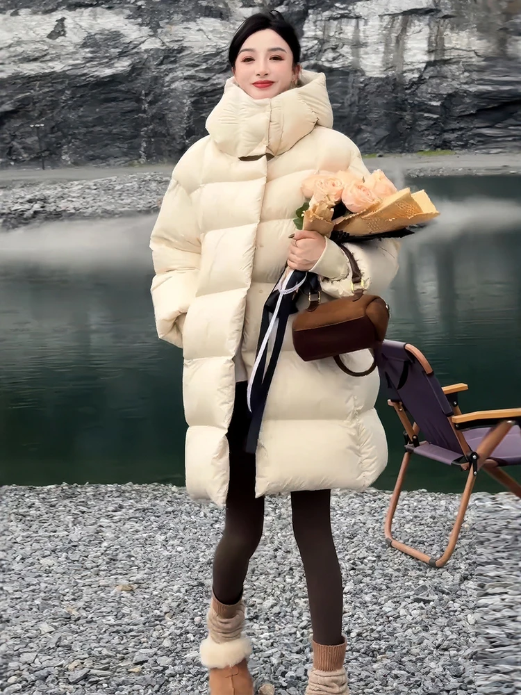 

Loose Women's down Jaet Hooded Du down Puffer Coat Bread Sle Warm Mid-Length Winter Outerwear Korean Sle