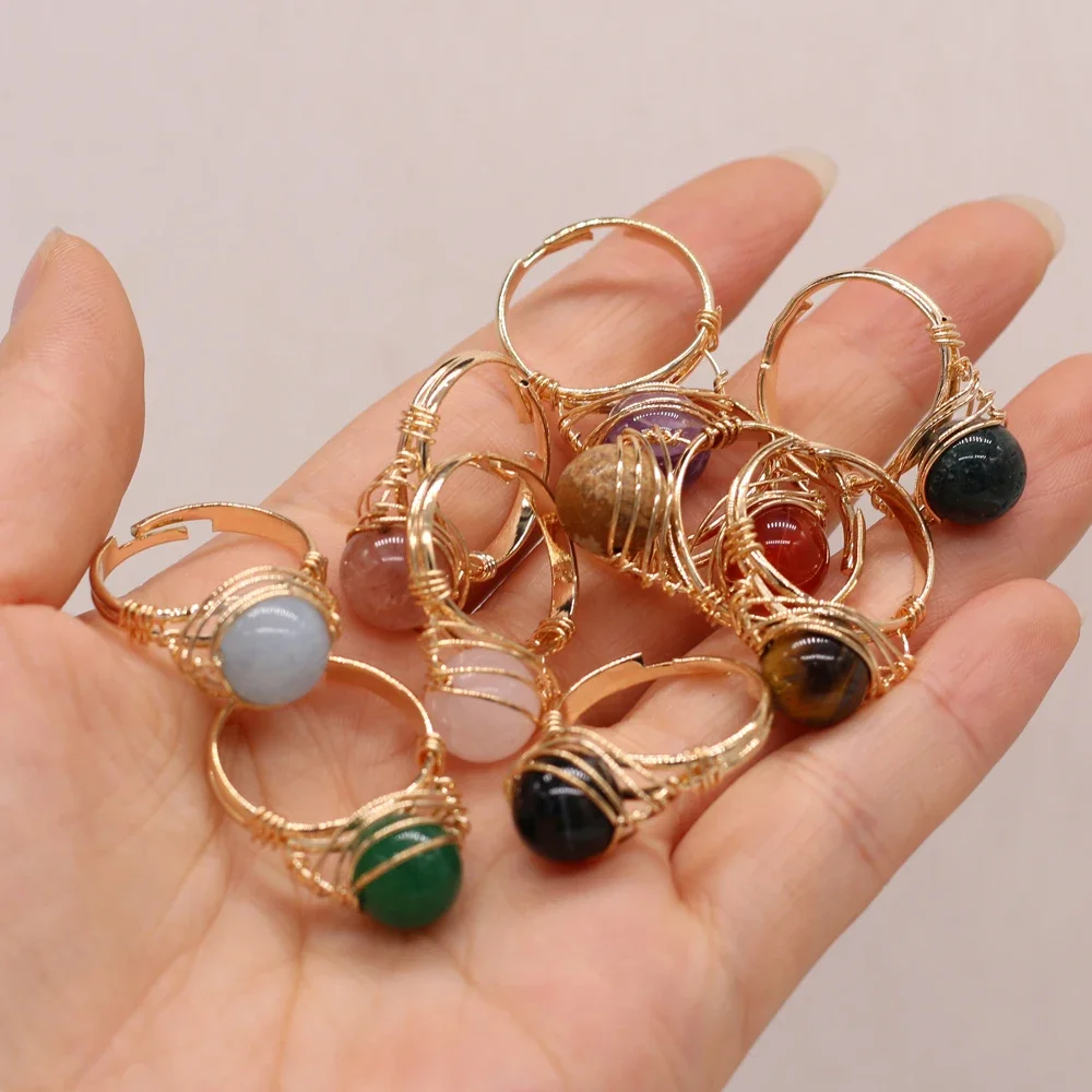 Natural Gems Stone Fashion Wire Wrapped Rings Reiki Healing Amethyst Agate Jade Tiger Eye Stone Resizable Ring Wedding Jewelry