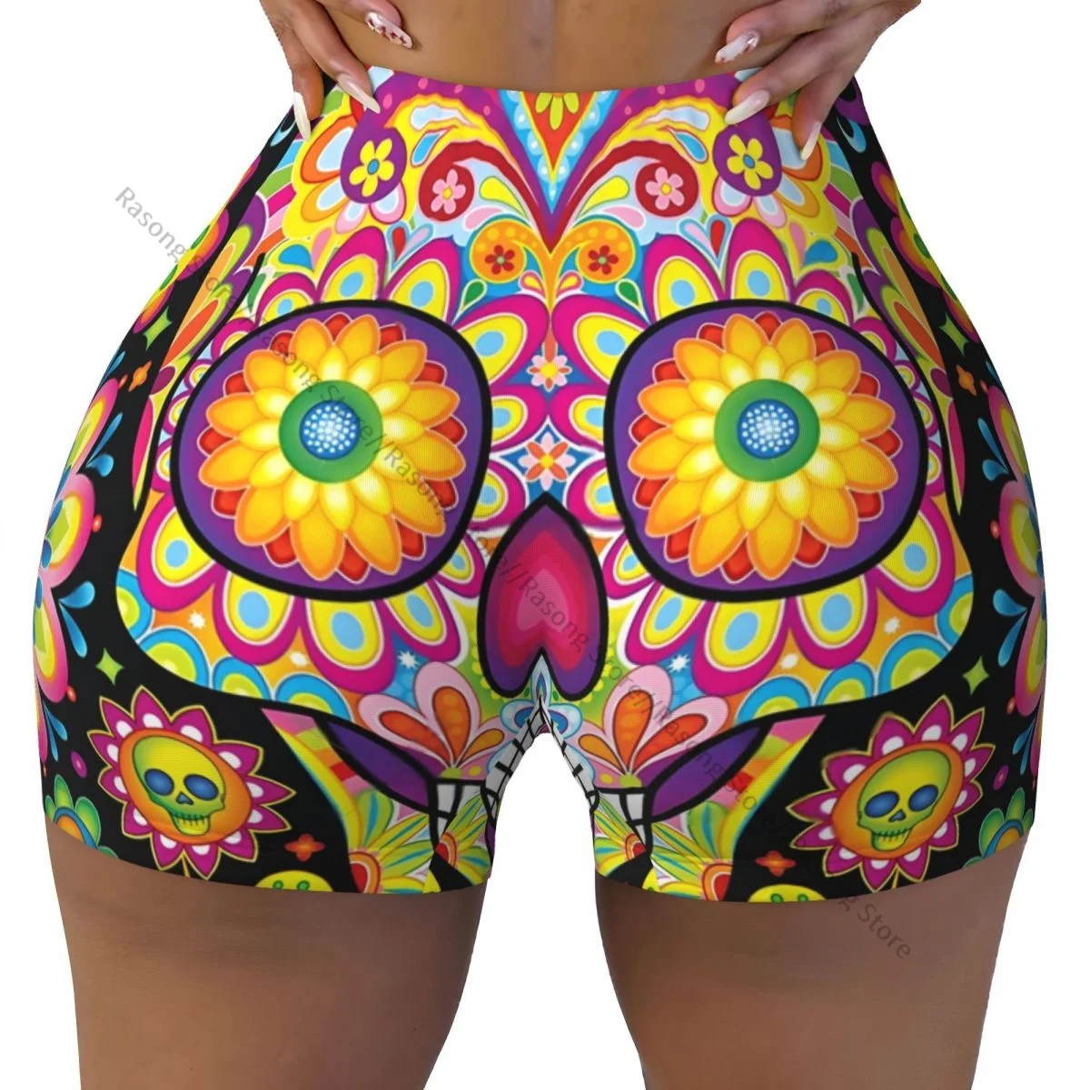 Sexy tight hip sports shorts Mexican Sugar Skull Day Of The Dead fitness women's comfortable yoga shorts