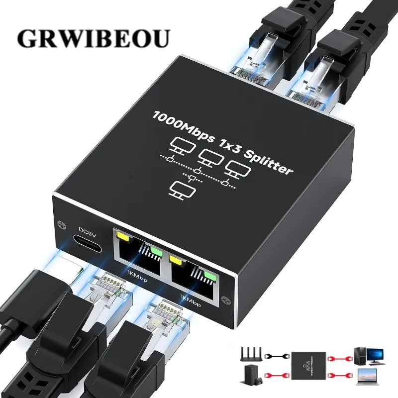 GRWIBEOU Gigabit 1000Mbps Ethernet Splitter Adapter LAN Extender RJ45 1 to 3 Network Splitter For TV Computer Router Laptop PC