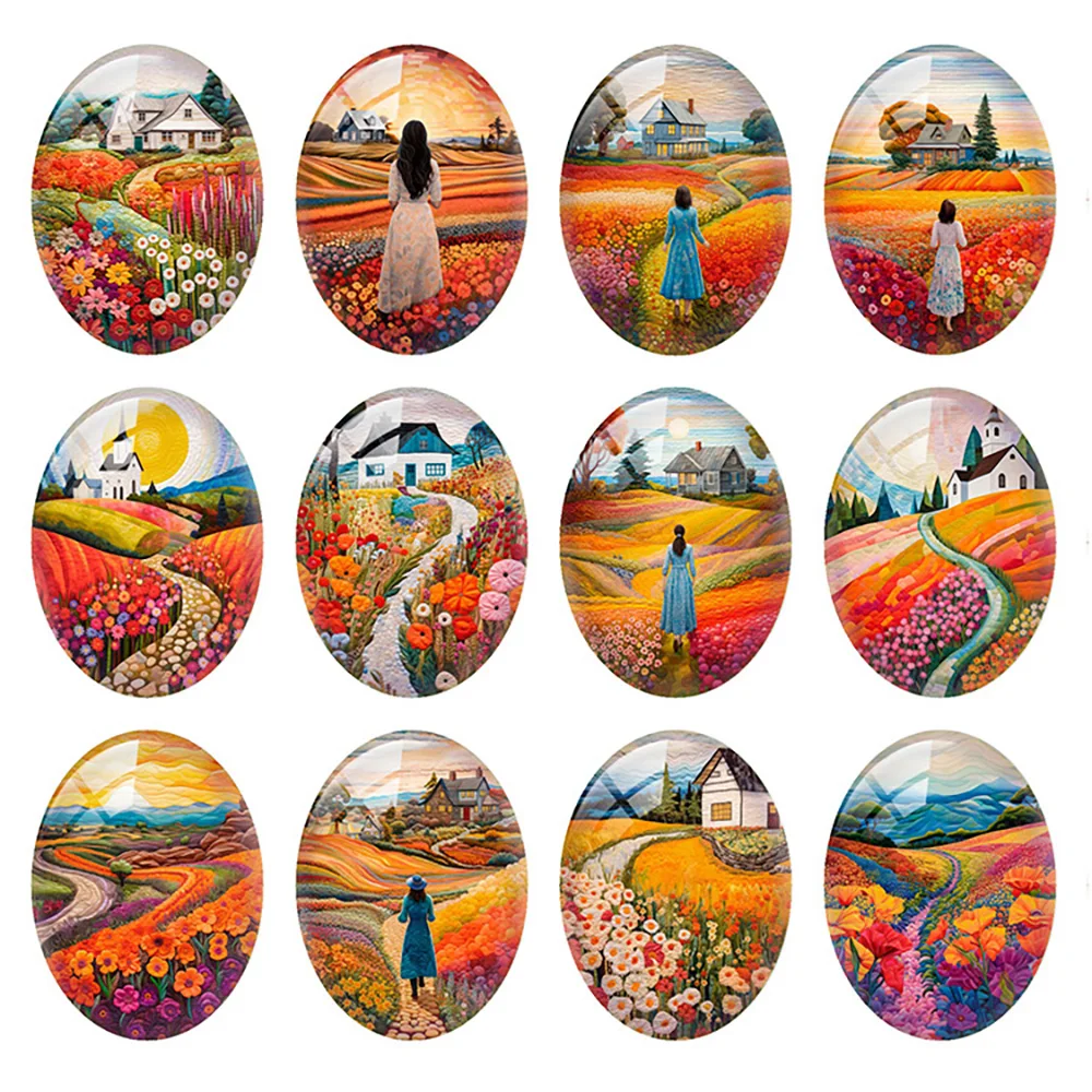10pcs/lot Oval Sea of Flower Autumn Fall Girl's Back Country Photo Glass Cabochon Flatback Demo Cameo Diy Jewelry Making
