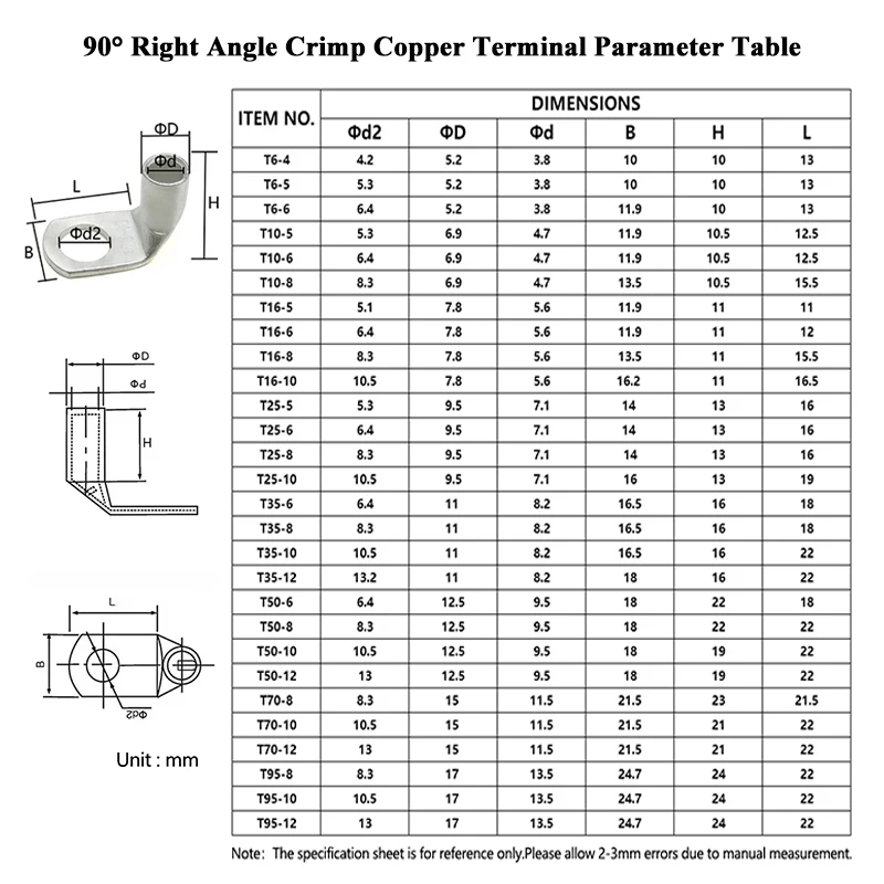 2 - 100pcs Wire Terminal LT6-10-16-25-35-50-70-95 90Degree Right Angle L-type Bend Nose Tinned Copper Crimp Connector Cable Lugs