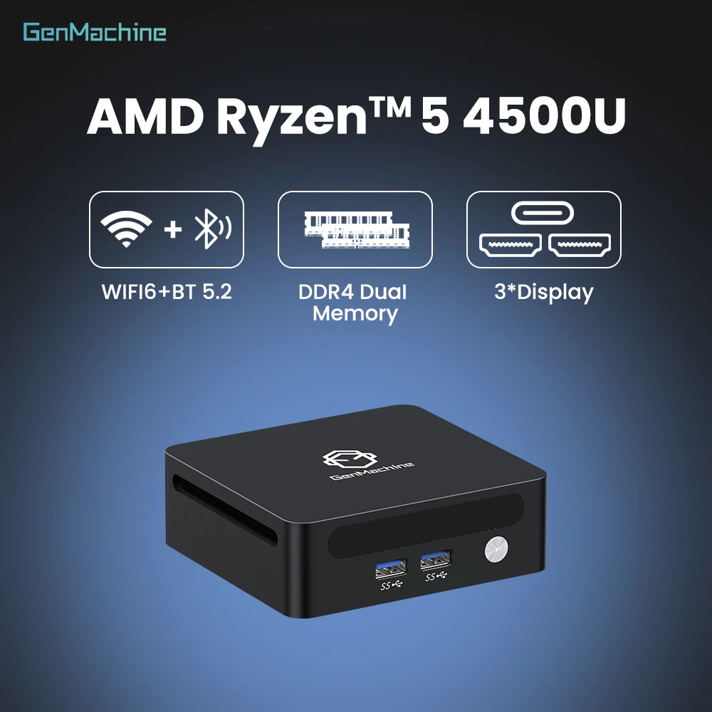 PC Gaming Rakitan Sendiri Genmachine AMD Ryzen 5 4500U Mini PC Windows 11 Ryzen Desktop 6C/6T 4.0GHz Sempurna untuk Streaming & Kerja