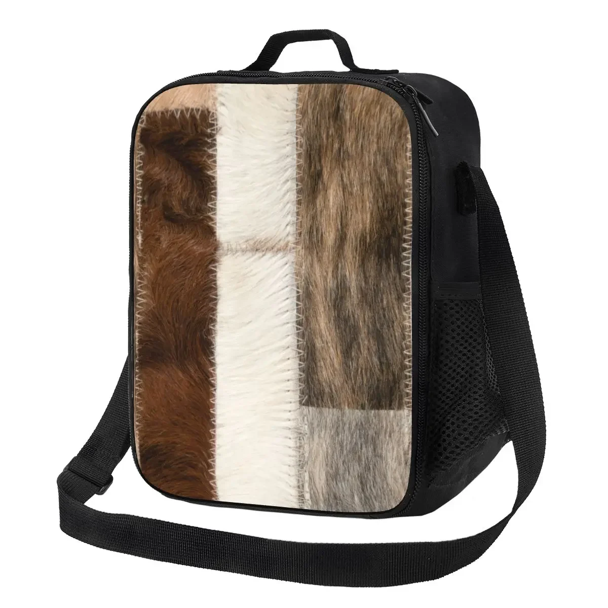 Custom Cowhide Modern Decor Patches Portable Lunch Box for Leather Animal Fur Cooler Thermal Food Insulated Lunch Bag Kids