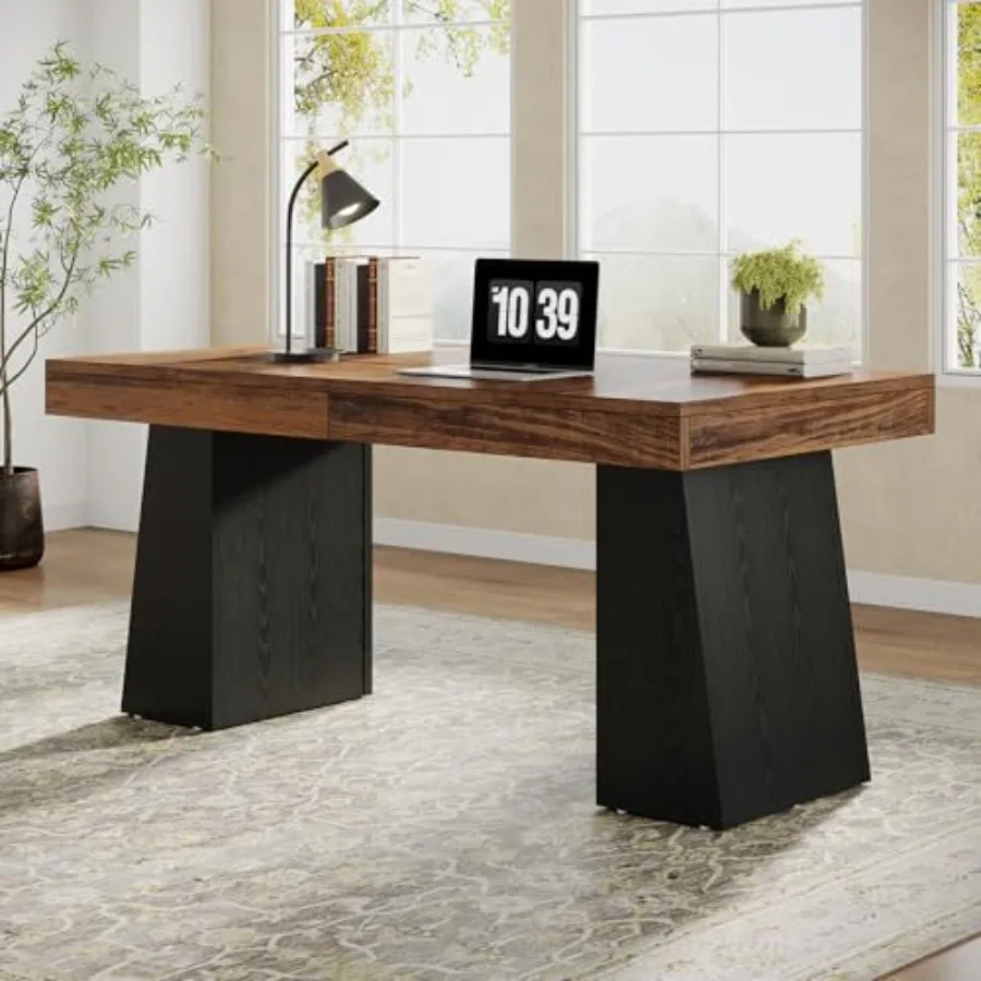 

55" Executive Desk Wooden Office Desk with Double Pedestal Modern Simple Computer Writing Table for Home Office Brown and Black