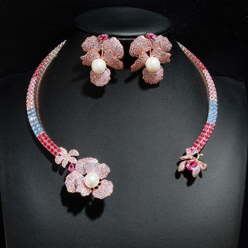 High Quality stereo Fine Jewelry Necklace Earrings Everyday Charm Flower Color Set Women's Wedding Holiday Party Gift M-1009