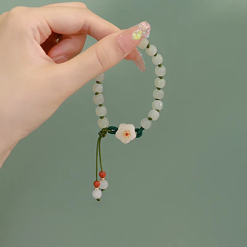 Jade Beads Small Peach Flower Woven Bracelet Female Minority Design Students' Best Friend Gift Beads Bracelet Ins Knitting