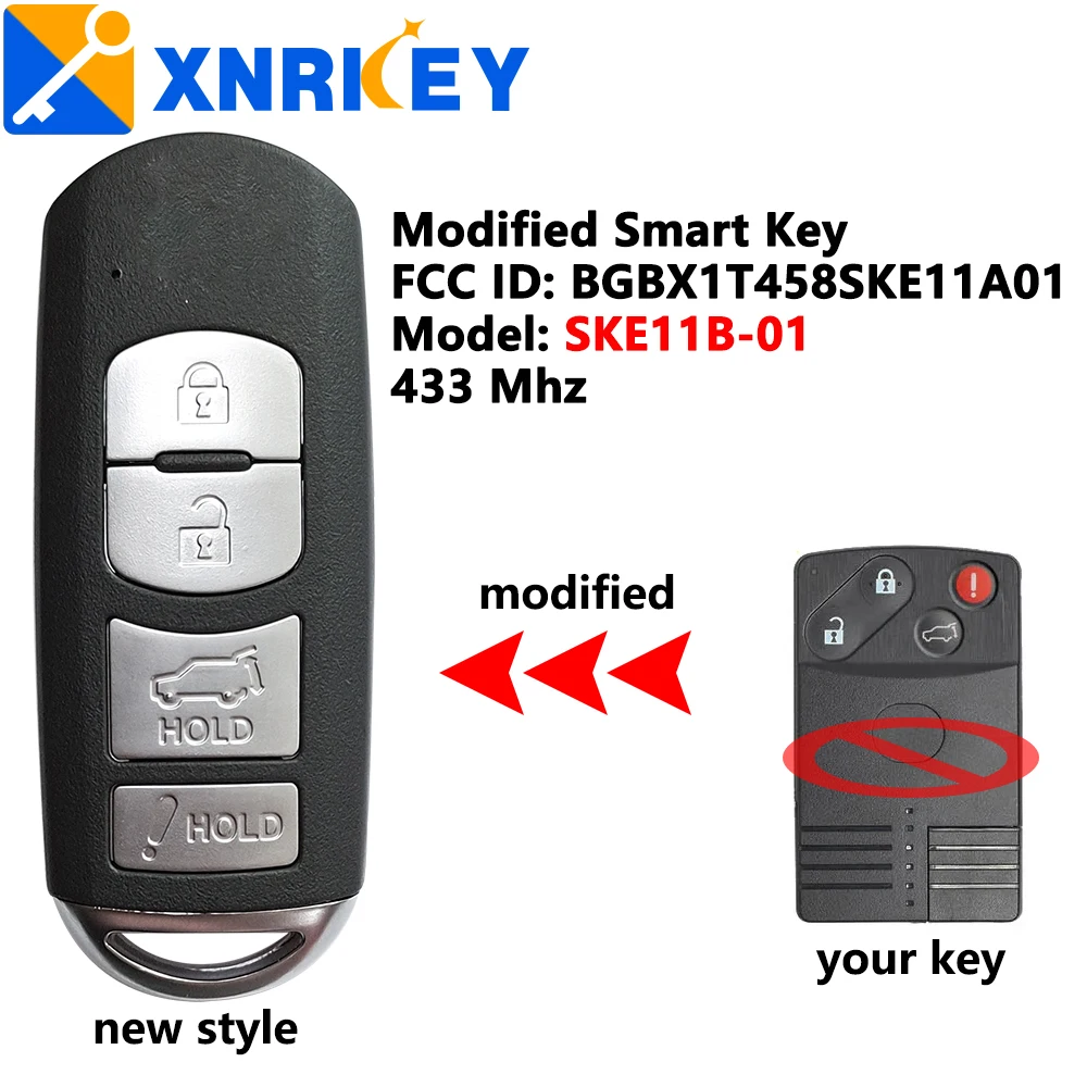 XRNKEY Modified Smart Remote Car Key With 4 Buttons 434MHz for Mazda CX-7 CX-9 2007 2008 2009 Fob BGBX1T458SKE11A01 SKE11B-01